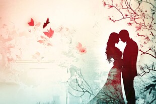 浪漫情侣依偎于花鸟间