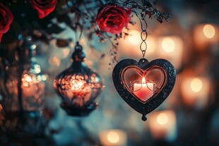 浪漫心形烛灯与娇艳玫瑰