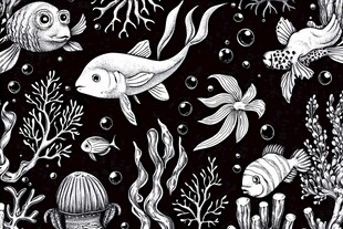 黑白海底世界插画图案