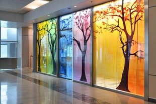 彩色树影装饰的明亮大厅