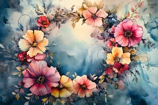 水彩花卉花环梦幻图景