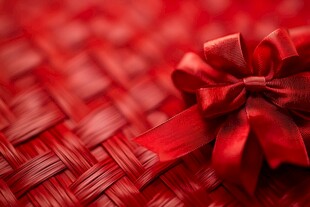 红绸蝴蝶结置于编织纹理上