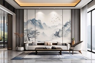中式客厅山水背景墙设计