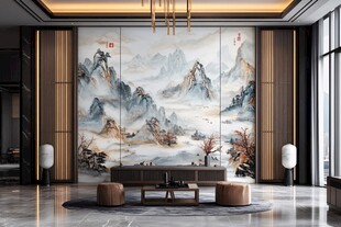 中式山水壁画装饰的客厅