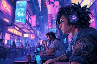 赛博朋克风都市夜中网民