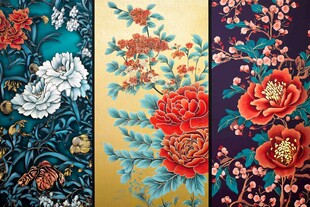 中式花卉图案精美三联画