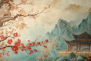 中式山水亭阁红梅图