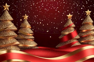 金色圣诞树与红绸梦幻背景