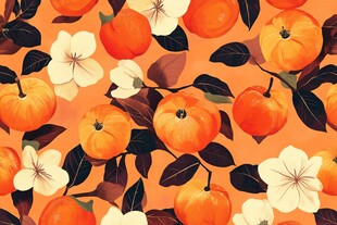 橙色背景上的柿子与花朵图案