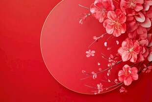 红色背景上的绽放粉色花朵