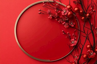 红底圆环花卉装饰画面