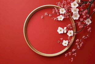 红底金框绽娇美樱花