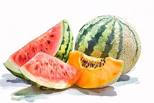 水彩绘西瓜甜瓜静物图