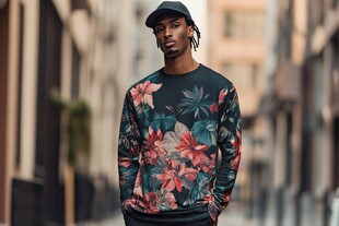 街头型男身着花卉图案卫衣