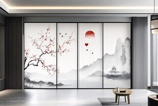 中式山水花鸟屏风装饰画