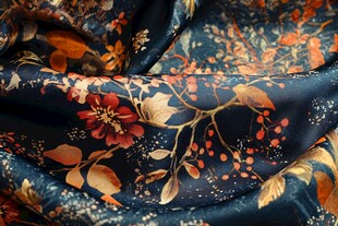 深蓝花卉印花丝绸面料