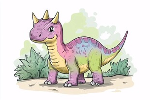 可爱多彩恐龙站在草丛中