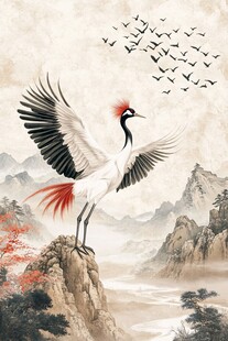 丹顶鹤展翅于山水之间