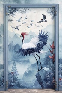 中式仙鹤山水玄关装饰画