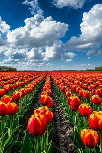 绚丽郁金香花田蓝天白云景