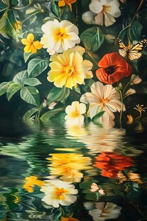 水中花卉与蝴蝶的梦幻景致