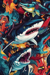 奇幻海洋鲨鱼群艺术插画