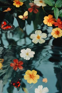 水中花蝶相映成趣