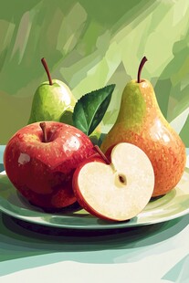 盘中苹果与梨的静物画