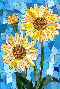 蓝色背景下的绚烂雏菊花