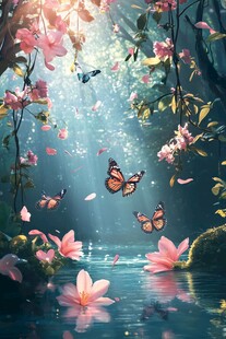 梦幻花丛中的蝴蝶与溪流