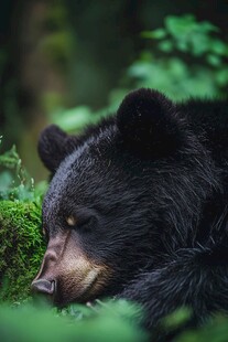 酣睡的黑熊置身绿意中