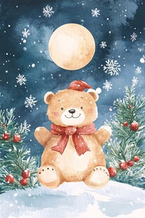 圣诞小熊在月夜雪景中