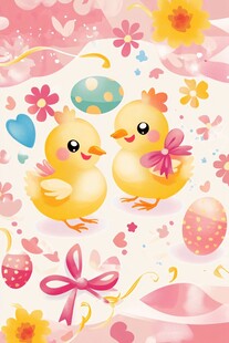 可爱小鸡与彩蛋花卉插画