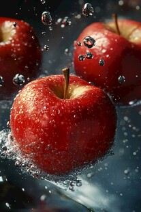 红苹果入水溅起晶莹泡泡