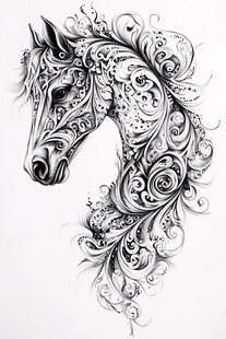 黑白花纹马头艺术插画