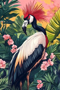 丹顶鹤立于繁花绿叶间