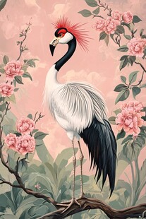 丹顶鹤栖于繁花枝头