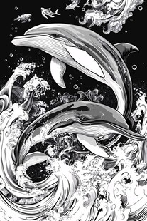 黑白海豚跃于汹涌海浪间