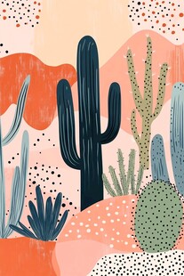 沙漠仙人掌插画艺术风景