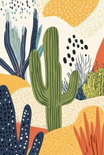 手绘风多彩仙人掌景观