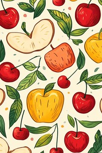 苹果樱桃手绘水果图案