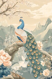 孔雀栖于繁花山水间