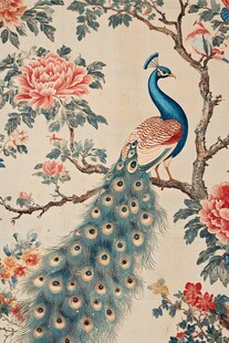 孔雀栖繁花枝头国画图