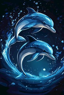 双海豚跃动于梦幻水浪间