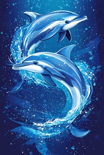 双海豚跃动于蓝色海洋