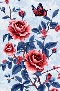 复古风玫瑰蝴蝶花卉图案