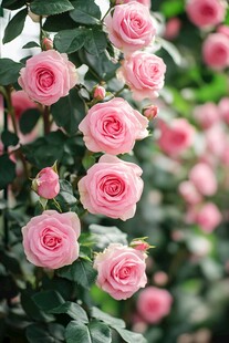 粉嫩玫瑰绽放绿叶间