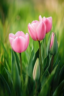 粉嫩郁金香绽放绿意间