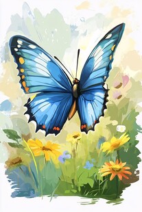 蓝蝶飞舞于烂漫花丛间