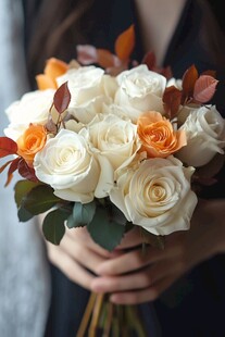 手持白橙玫瑰精美花束
